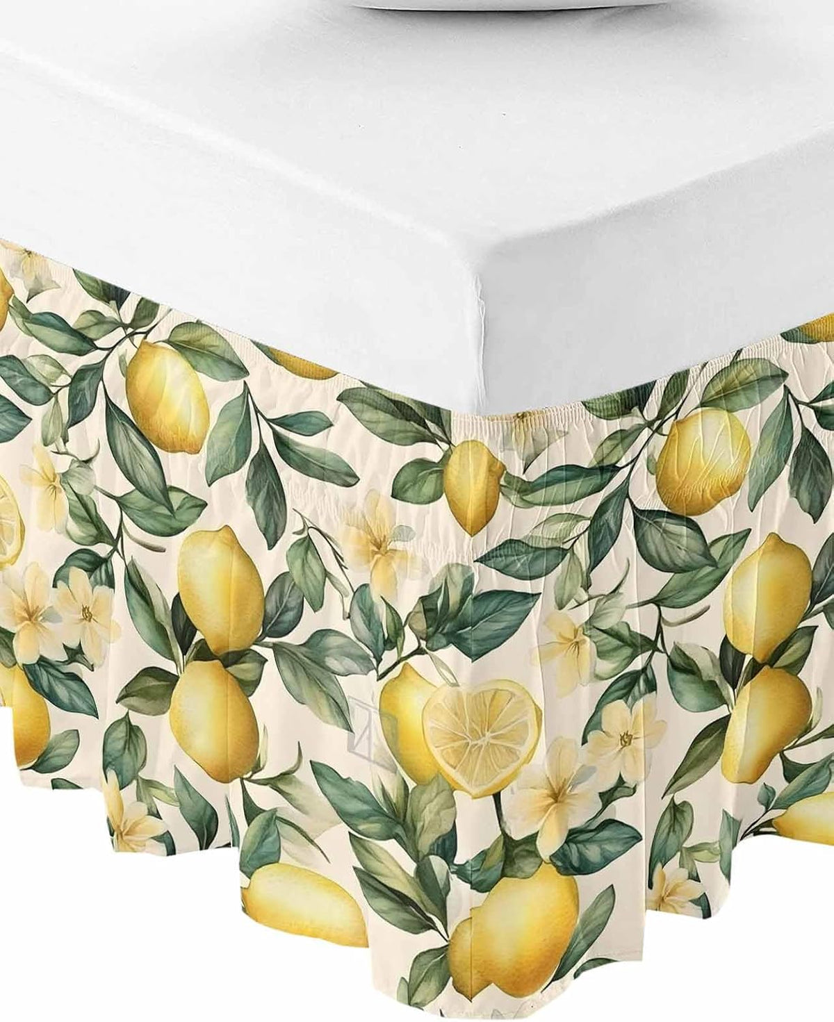 Yellow Lemon Bed Skirt Queen Size 16 Inch Drop, Adjustable Elastic Wrap Around Bed Skirts Easy Fitting Dust Ruffle Bedskirt Bed Frame Cover Floral Fruit Spring Summer Watercolor Green