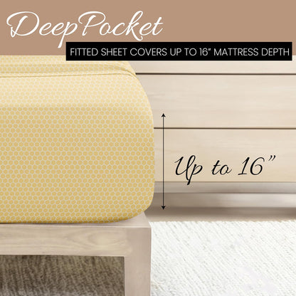 Patterned Microfiber Full Sheet Set 4 Piece – Oeko-TEX Certified Ultra Soft & Wrinkle-Free - 16" Deep Pocket Sheets - Easy Care Full Size - Honeycomb Yellow