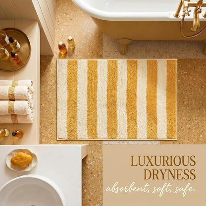 Yellow and White Striped Bathroom Rug, 24"x16" Absorbent Bath Mat