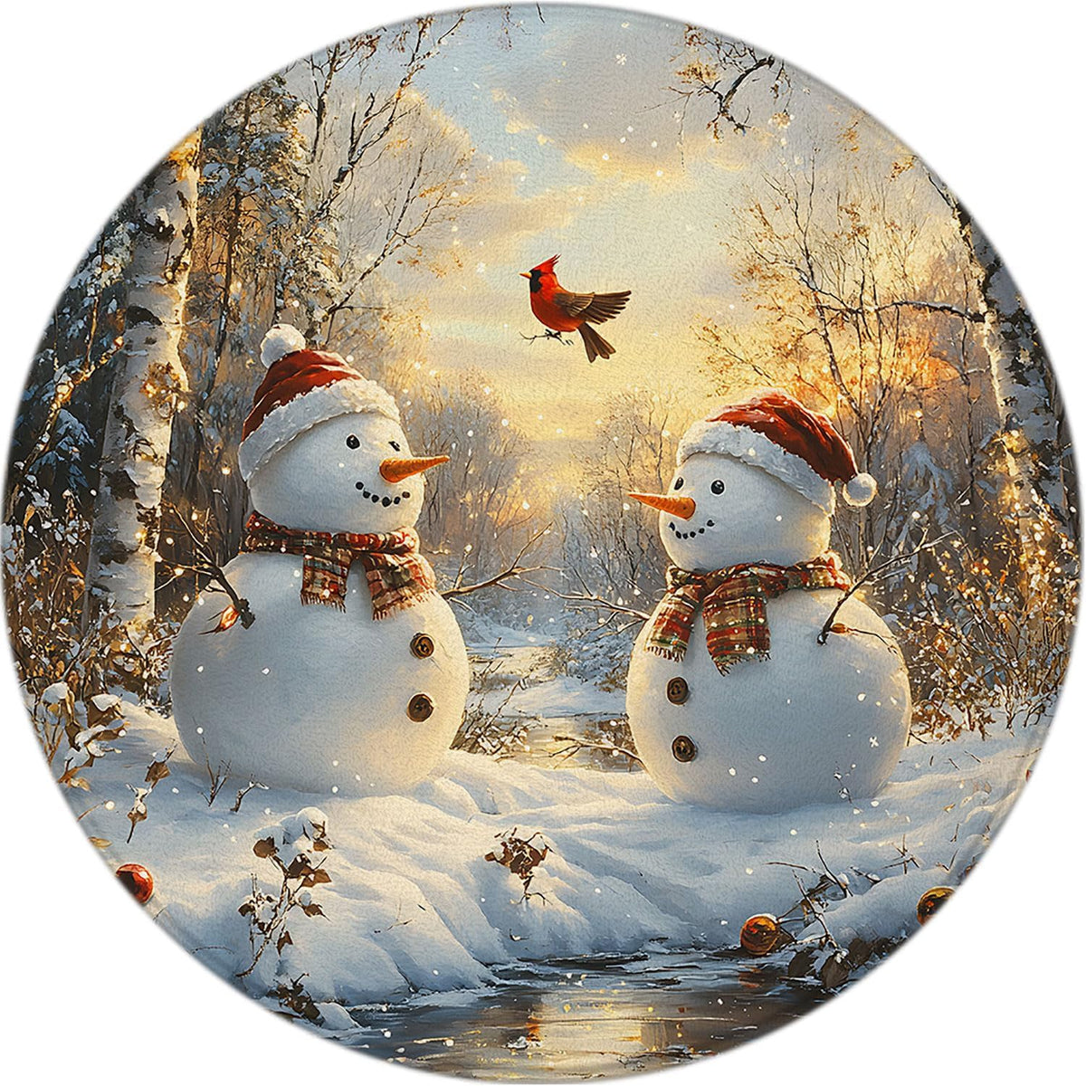 Merry Christmas Round Rug 2ft-Winter Snowman Snowy Forest Yellow Leaves Bird Lake Sunset Farmhouse Snow Scene Bathroom Rug Microfiber Memory Foam Area Rugs for Living Room Kitchen Bath Floor Rugs