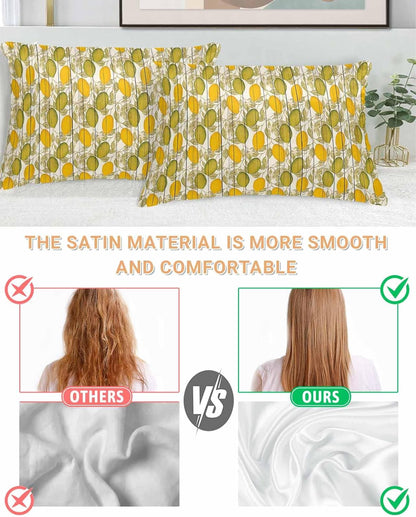 Floral Standard Pillowcase Set of 2, Yellow Green Lemon Leaves Branches Wood Grain Satin Pillow Case Cover with Smooth Hidden Zipper Closure, Soft Throw Pillow Covers Cases for Home Decor 20X26 Inch