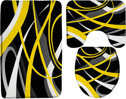 3 Piece Modern Geometric Bath Mat Set Yellow Black Gray White Abstract Boho Geometric Striped Mid Century Vintage Farmhouse 24x70 Inches Bathroom Rugs,Toilet Seat Cover,U-Shaped Floor Rug