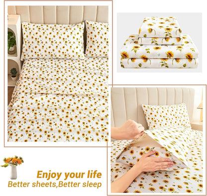 Floral Sheet Set Full, Sunflower Printed Bed Sheets Double, Brushed Microfiber Fitted Sheet with 15" Deep Pocket & Non-Slip Straps, Yellow Flower Pattern Sheet & Pillowcase Sets