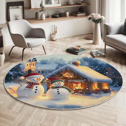 Round Area Rug 3Ft Winter Theme, Washable Yellow Blue Rug for Bedroom, Low-Pile Soft Round Carpet for Living Room, Ideal for High Traffic Areas in Entryway