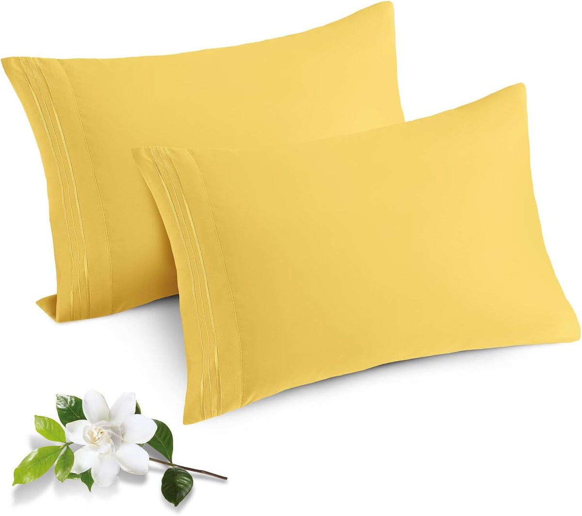 2 Pack Microfiber Pillowcases Standard Size Yellow Bed Pillow Cases with Envelope Closure, 1800 Thread Count Soft & Shrinkage Resistant Pillow Covers, 20 x 26 Inches