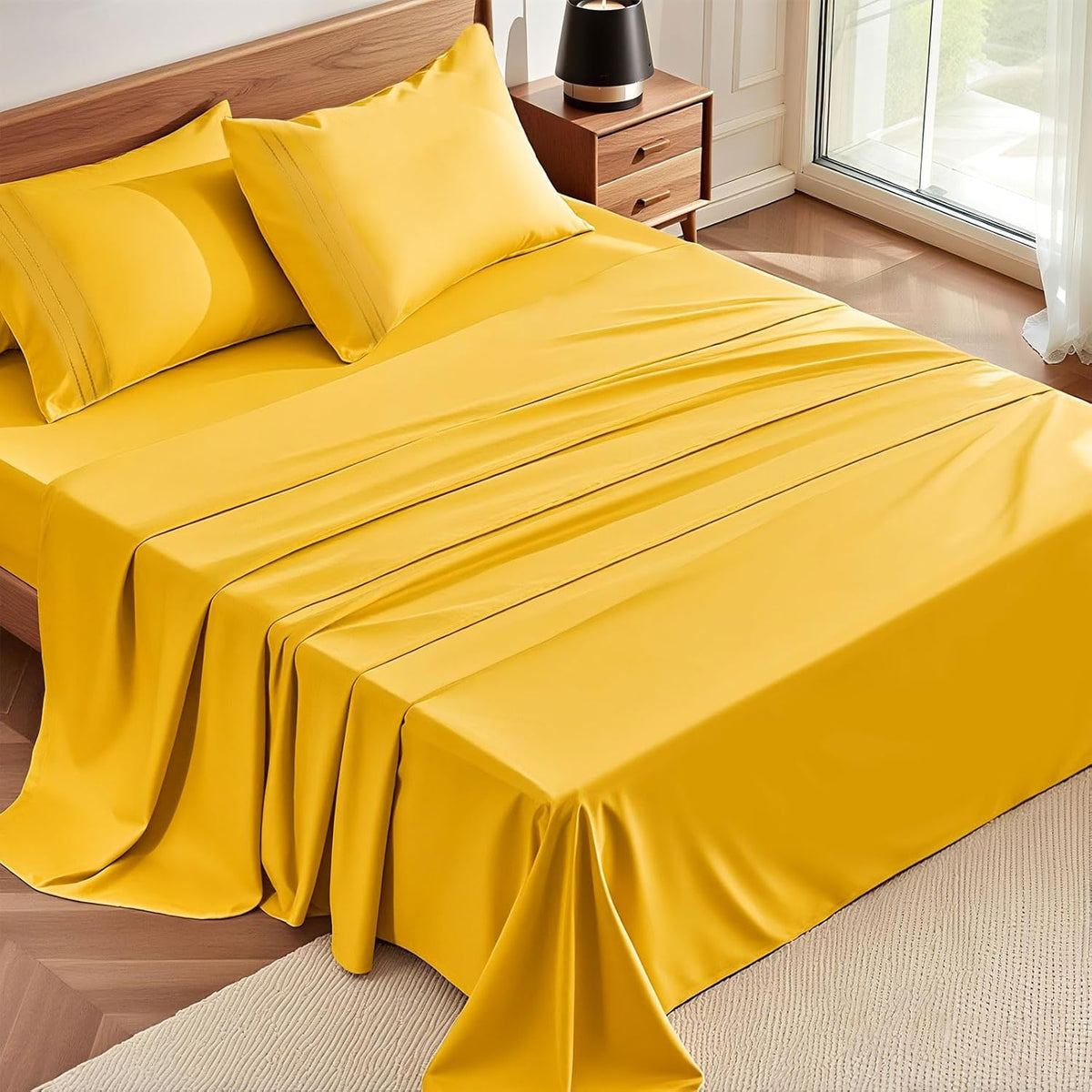Queen Sheets Set, 4-Piece Fitted Queen Sheets, Mustard