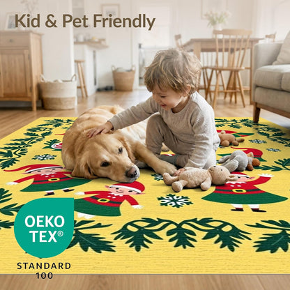 Flatwoven High Traffic Area Rug 2x3, Christmas Elf Bathroom Featuring Jolly Winter Woodland Characters, Non Slip, Stain Resistant, Washable Area Rugs for Living Room, Bedroom (Yellow, 2x3)