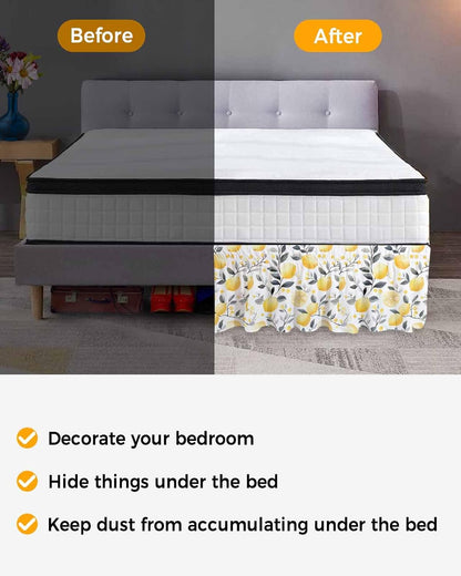Summer Lemon Bed Skirt Queen Size 16 Inch Drop, Adjustable Elastic Wrap Around Bed Skirts Easy Fitting Dust Ruffle Bedskirt Bed Frame Cover Botanical Yellow Fruits Grey Leaf