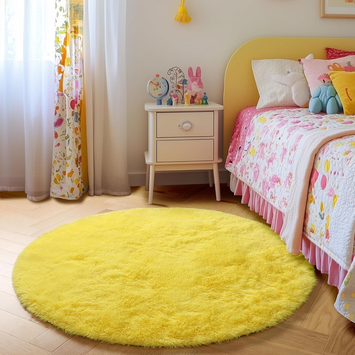 Round Area Rugs 5Ft, Fluffy Yellow Carpets for Bedroom Girls,Cute Rug for Girls Room,Fuzzy Rug for Playroom,Circle Rugs for Kids Room,Shag Furry Carpet Rugs for Reading Nook, Baby Room