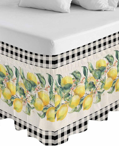 Yellow Lemons Wrap Around Bed Skirt Queen Size, Dust Ruffled 16 Inch Tailored Drop with Adjustable Elastic Belt Pleated, Summer Botanical Black White Plaid Rustic Luxury Bedding Skirts for Bedroom