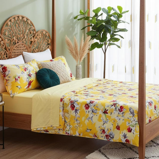 DaDa Bedding Yellow Floral Sheet Set, Queen 4 Piece Hummingbird Print