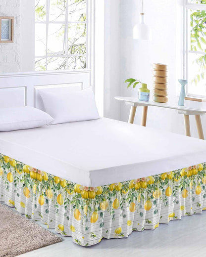 Yellow Lemon Bed Skirt Queen Size 16 Inch Drop, Adjustable Elastic Wrap Around Bed Skirts Easy Fitting Dust Ruffle Bedskirt Bed Frame Cover Green Eucalyptus Wood Grain Farmhouse
