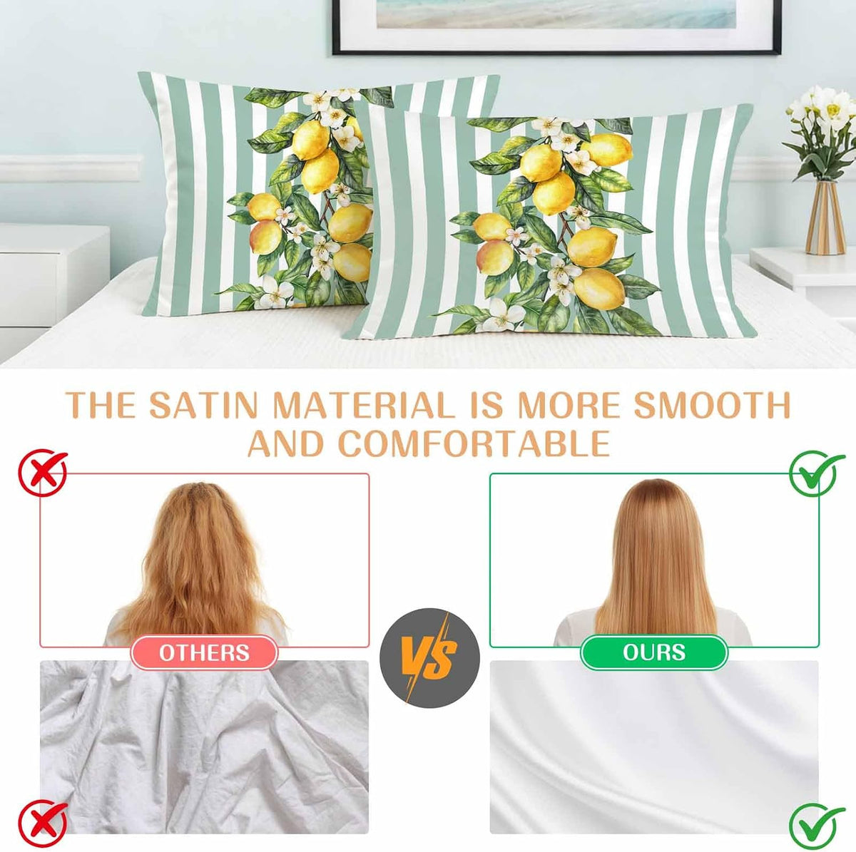 Yellow Lemon Floral Standard Pillowcase Set of 2, Sage Green Stripe Satin Pillow Case Cover with Smooth Hidden Zipper Closure, Soft Throw Pillow Covers Cases for Home Decoration 20 X 26 Inches