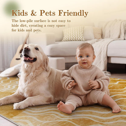 Sun 5x7 Area Rug, Boho Ombre Yellow Bedroom Rug Machine Washable Carpet, Ultra Thin Soft Non Slip Mid Century Nursery Carpet for Kids Room Living Room Playroom Classroom Decor