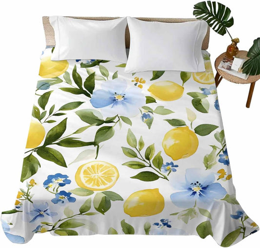 Flat Sheets Queen Size Bedding Sheet,Watercolor Lemon Floral Leaves Soft Microfiber Breathable Top Sheets for Bedroom Hotel Luxury-1 Bed Flat Sheet Only,Yellow Blue White