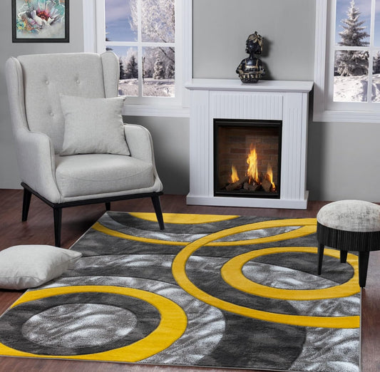 Area Rug Modern 5x7 Yellow Circles Geometry Soft Hand Carved Contemporary Floor Carpet Fluffy Texture for Indoor Living Dining Room and Bedroom Area