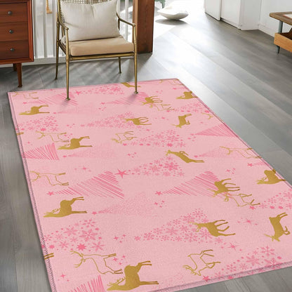 Hallway Runner Rugs 2.7x5 Ft, Christmas Pink Non Slip Area Rugs for Kitchen Bedroom Entryway, Yellow Reindeer Xmas Pine Trees Winter Washable Carpet Runner Rug Floor Mats for Bedroom Home Decor