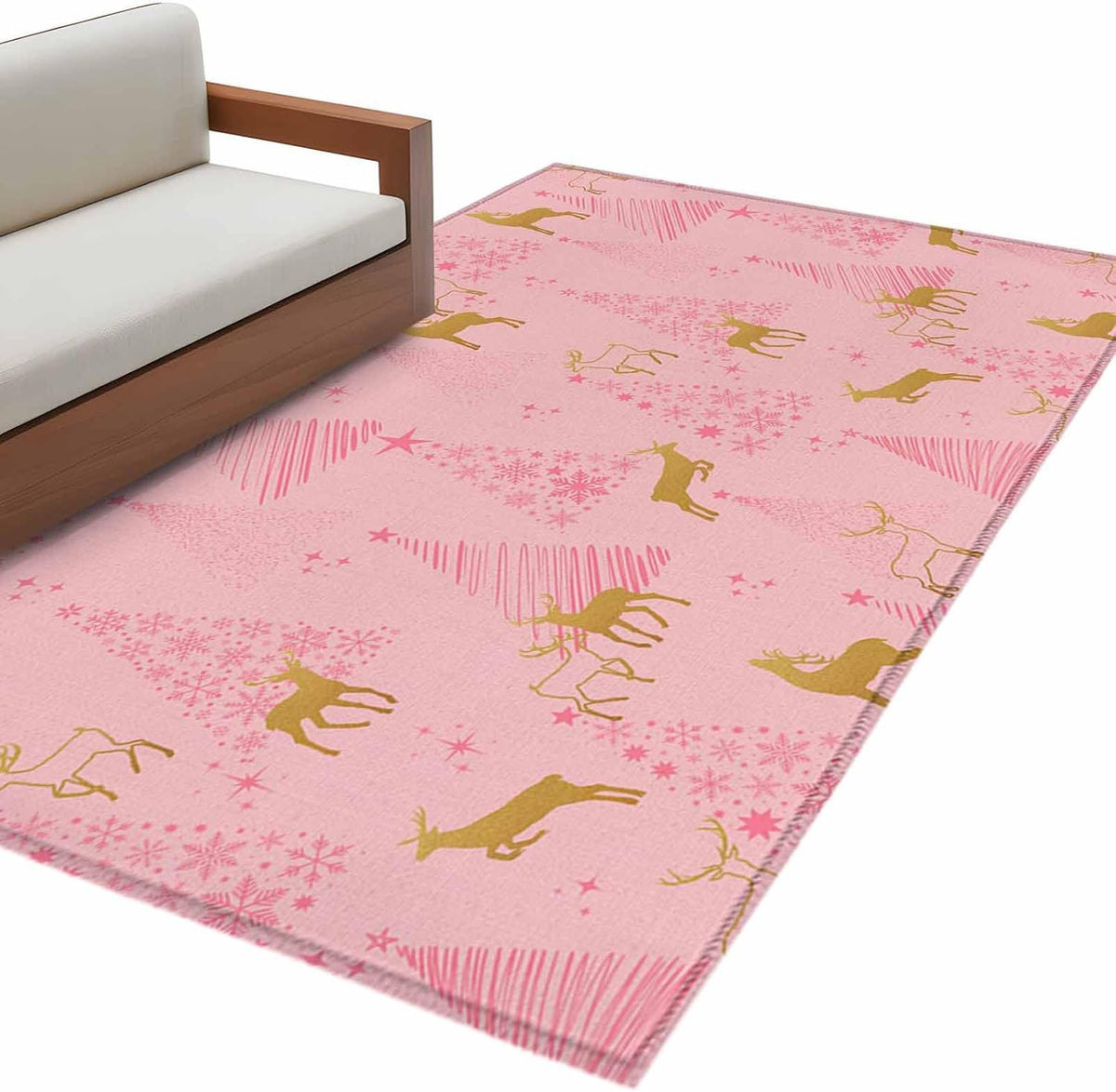 Hallway Runner Rugs 2.7x5 Ft, Christmas Pink Non Slip Area Rugs for Kitchen Bedroom Entryway, Yellow Reindeer Xmas Pine Trees Winter Washable Carpet Runner Rug Floor Mats for Bedroom Home Decor