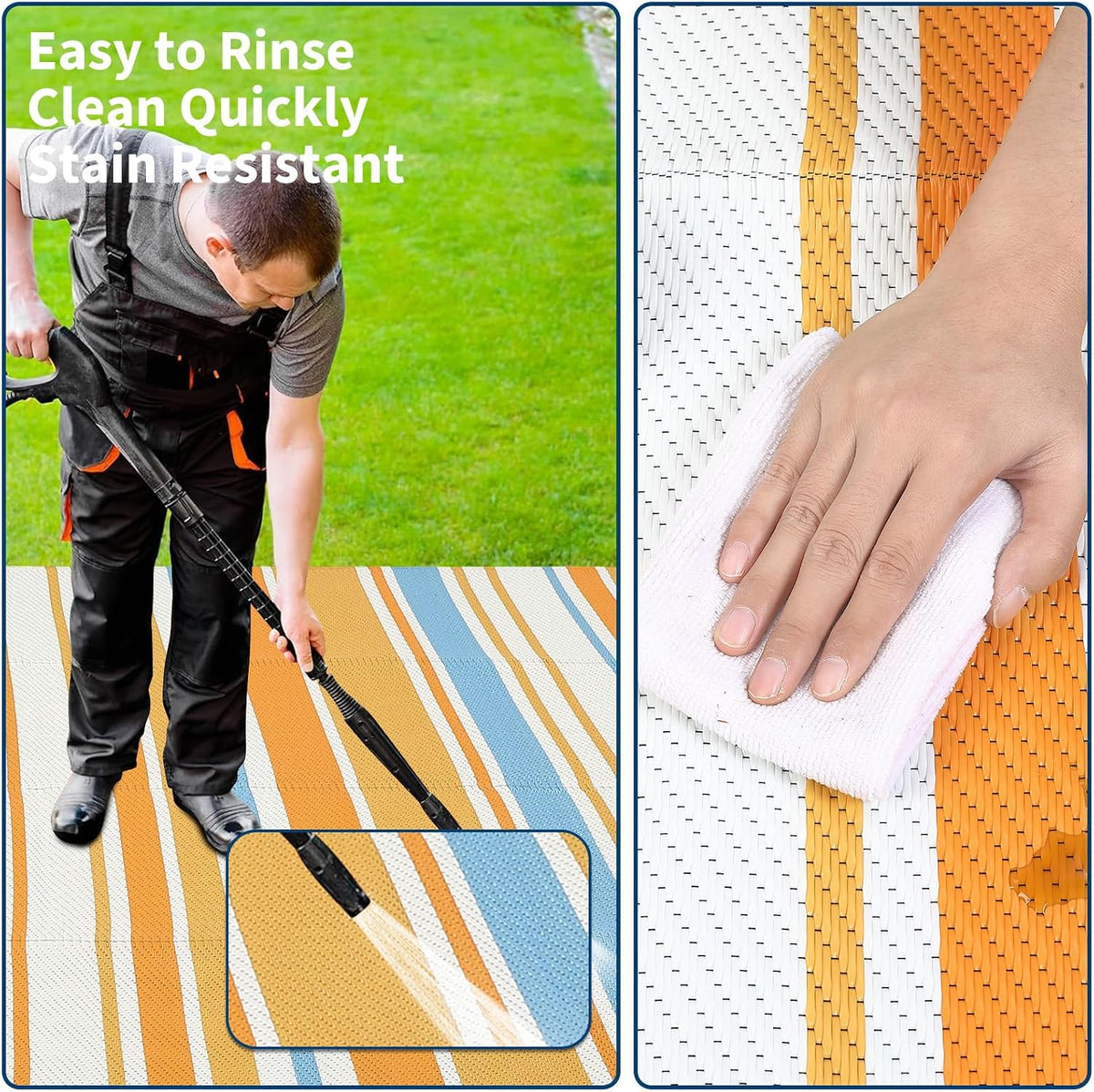 8x10 Large Outdoor Rug Waterproof for Patio Plastic Straw Rug Geometric Stripe Indoor Outdoor Area Rug Modern Lines Camping Rugs for RV Porch Deck Backyard Balcony, Orange Yellow Blue White
