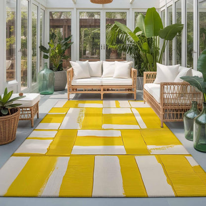 8x10 Abstract Art Area Rug for Spacious Living Room, Washable Low Pile Non Slip Rug Modernism Yellow Color Block