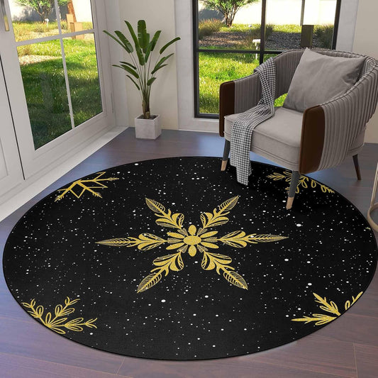Christmas Round Area Rugs for Living Room/Bedroom/Entryway, Yellow Winter Snowflake Christmas Black Round Rugs 5Ft - Non Skid Rug Soft Circle Rug Runner Kids Room Floor Mats Throw Carpet