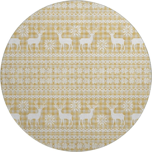 Holiday Festive Theme Soft Plush Thick Pile Christmas Area Rug Round 8' x 8' | Winter Cheer Xmas Playful Deer Snowflakes Plaid Patterns Gold Yellow White Color | Washable Nonslip Indoor Outdoor Rugs