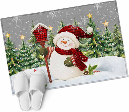 Rectangle Area Rug 2x3ft, Xmas Snowman Pine Tree on Gray Non Slip Floor Mat, Winter Snowflake Yellow Star Non Shedding Washable Floor Carpets for Living Room Bedroom Home Decor