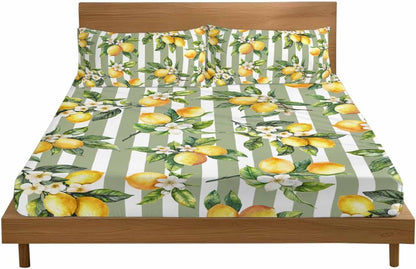 3 Pieces Twin Fitted Sheet Set, Vintage Farm Lemon Flowers Deep Pocket Up to 16", Yellow Fruit on Sage Green Stripe Soft Elastic Bed Sheets and Pillow Cases Secure Fit