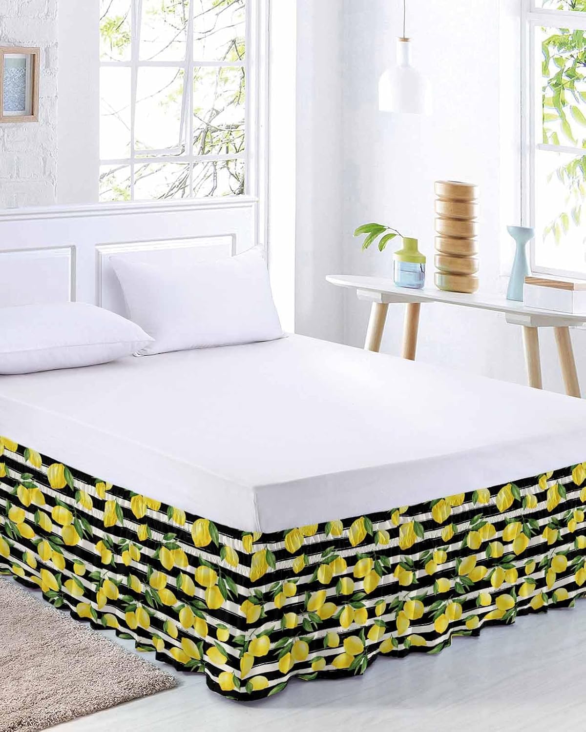Yellow Lemons Bed Skirt Queen Size 16 Inch Drop, Adjustable Elastic Wrap Around Bed Skirts Easy Fitting Dust Ruffle Bedskirt Bed Frame Cover Summer Citrus Fruits Leaves Black Stripes
