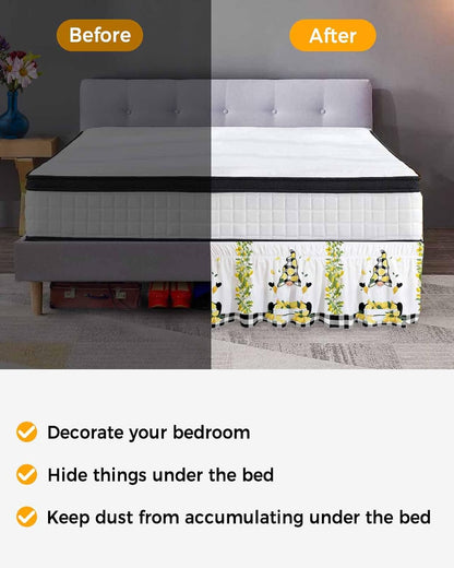 Lemon Gnomes Bed Skirt Queen Size 16 Inch Drop, Adjustable Elastic Wrap Around Bed Skirts Easy Fitting Dust Ruffle Bedskirt Bed Frame Cover Summer Botanical Yellow Fruit Black Lattice