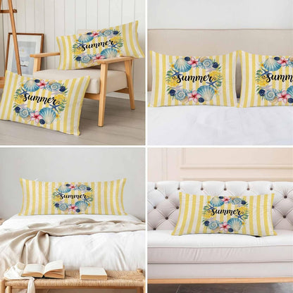 Summer King Standard Pillow Cases Set of 2, Lemons Starfish Flower Stripes Yellow Vintage Satin Pillow Case Cover with Smooth Hidden Zipper Closure, Soft Throw Pillow Covers Cases 20X36 Inch