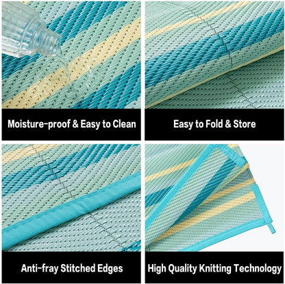 Outdoor Plastic Straw Rug Waterproof Patio 6x9 Teal Yellow Stripe Mat for Porch Camping RV Balcony Deck Courtyard Reversible Lightweight Durable Portable Carpet