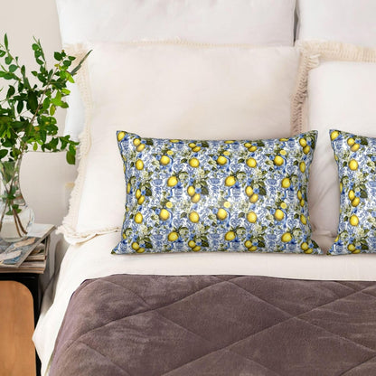 Yellow Lemon Sky Blue Floral Print Satin Pillowcase for Hair and Skin, 20x30 Inches Pillow Cases, Queen Size Pillowcases with Zipper, Similar to Silk Pillow Covers