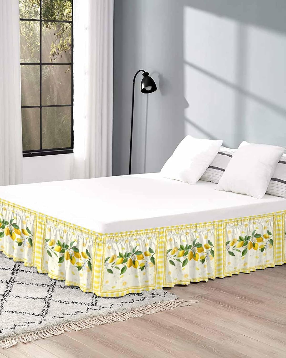Yellow Lemons Bed Skirt Queen Size 16 Inch Drop, Adjustable Elastic Wrap Around Bed Skirts Easy Fitting Dust Ruffle Bedskirt Bed Frame Cover Summer Botanical Checkered Farmhouse