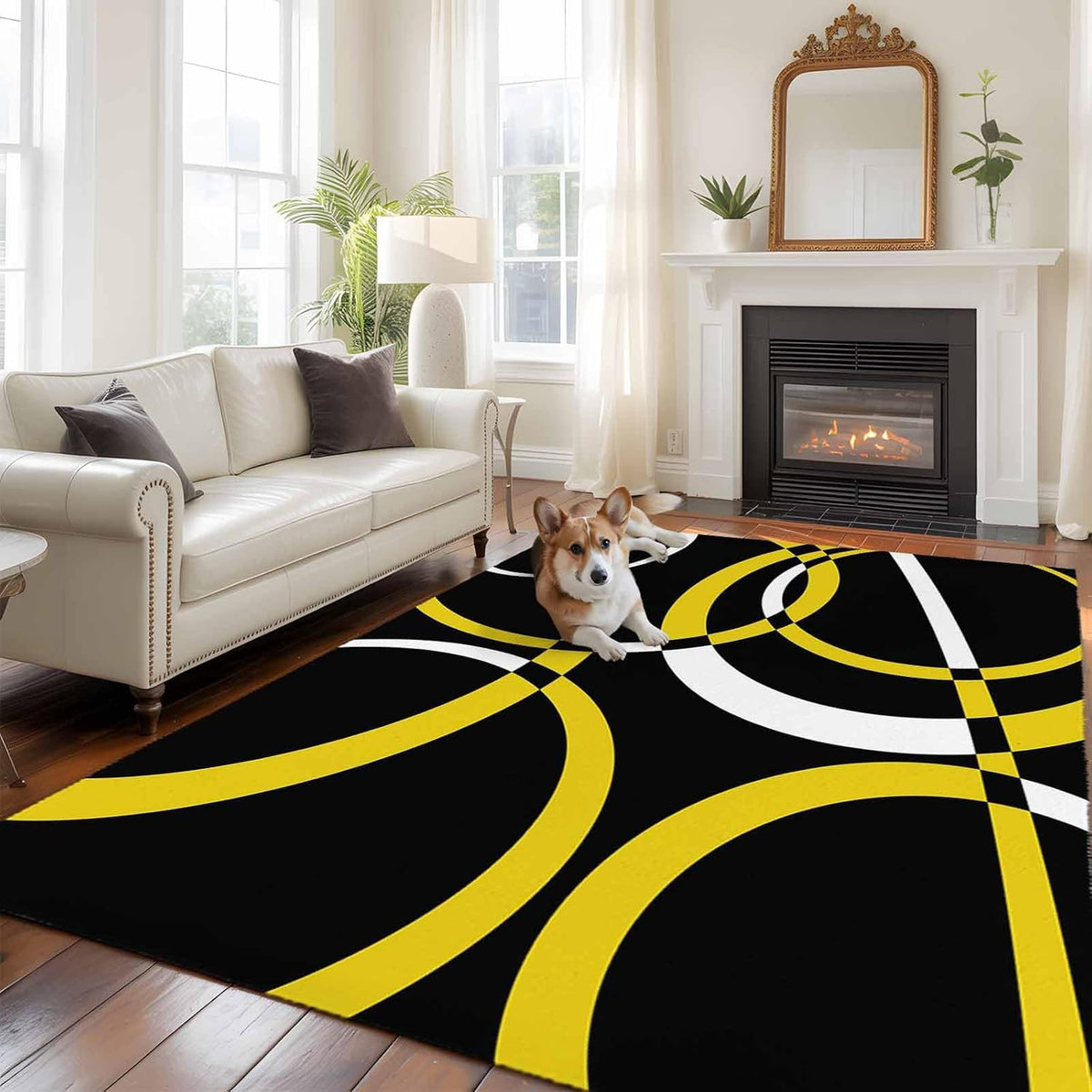 Modern Abstract Art 5x7 Area Rug for Living Room Bedroom, Yellow White Geometric Circle Washable Rugs Absorbent Non-Slip Indoor Carpet for Dining Room Home Office Decor