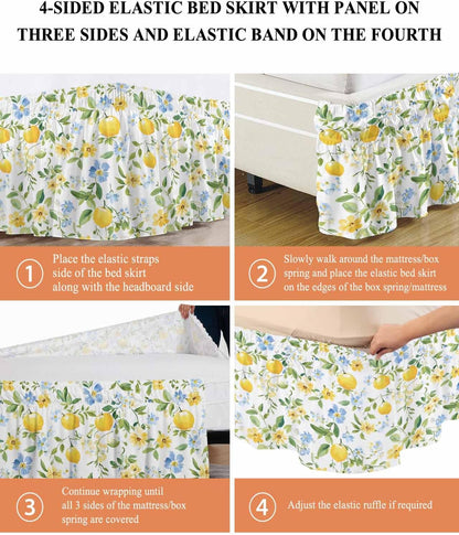 Bed Skirt Lemon Yellow Flowers Ruffle Bed Skirt Wrap Around Bed Skirts for Queen Beds 16" Drop,Adjustable Elastic Dust Ruffles Easy Fit and Wrinkle-Free