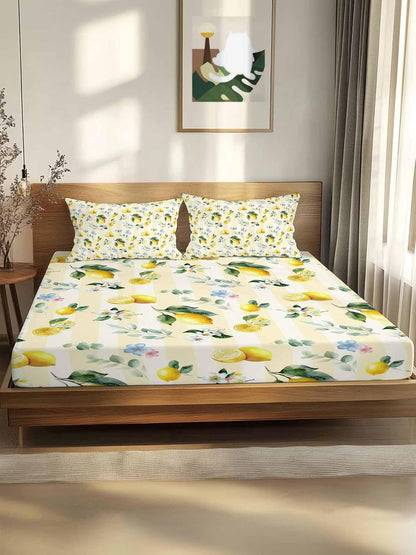 3 Pieces Twin Fitted Sheet Set, Summer Lemon Leaves Flower Deep Pocket Up to 16", Watercolor Yellow Stripes Soft Elastic Bed Sheets and Pillow Cases Secure Fit
