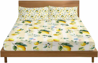 3 Pieces Twin Fitted Sheet Set, Summer Lemon Leaves Flower Deep Pocket Up to 16", Watercolor Yellow Stripes Soft Elastic Bed Sheets and Pillow Cases Secure Fit