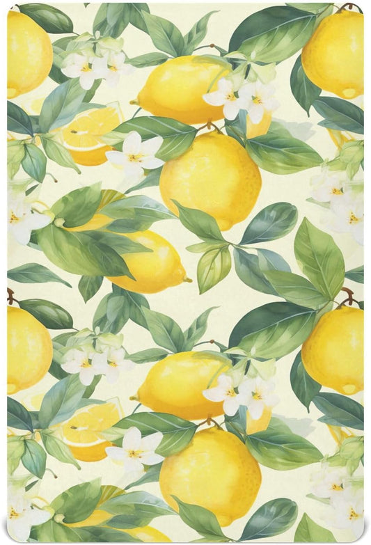 Floral Lemons Flowers Yellow Fitted Crib Sheets for Pack and Play Playard Sheet for Daycare with Soft and Breathable Material Baby Bed Sheets for Baby Boys Girls (52" x 28")