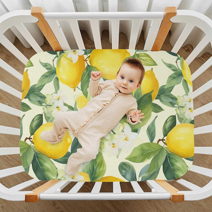 Floral Lemons Flowers Yellow Fitted Crib Sheets for Pack and Play Playard Sheet for Daycare with Soft and Breathable Material Baby Bed Sheets for Baby Boys Girls (52" x 28")