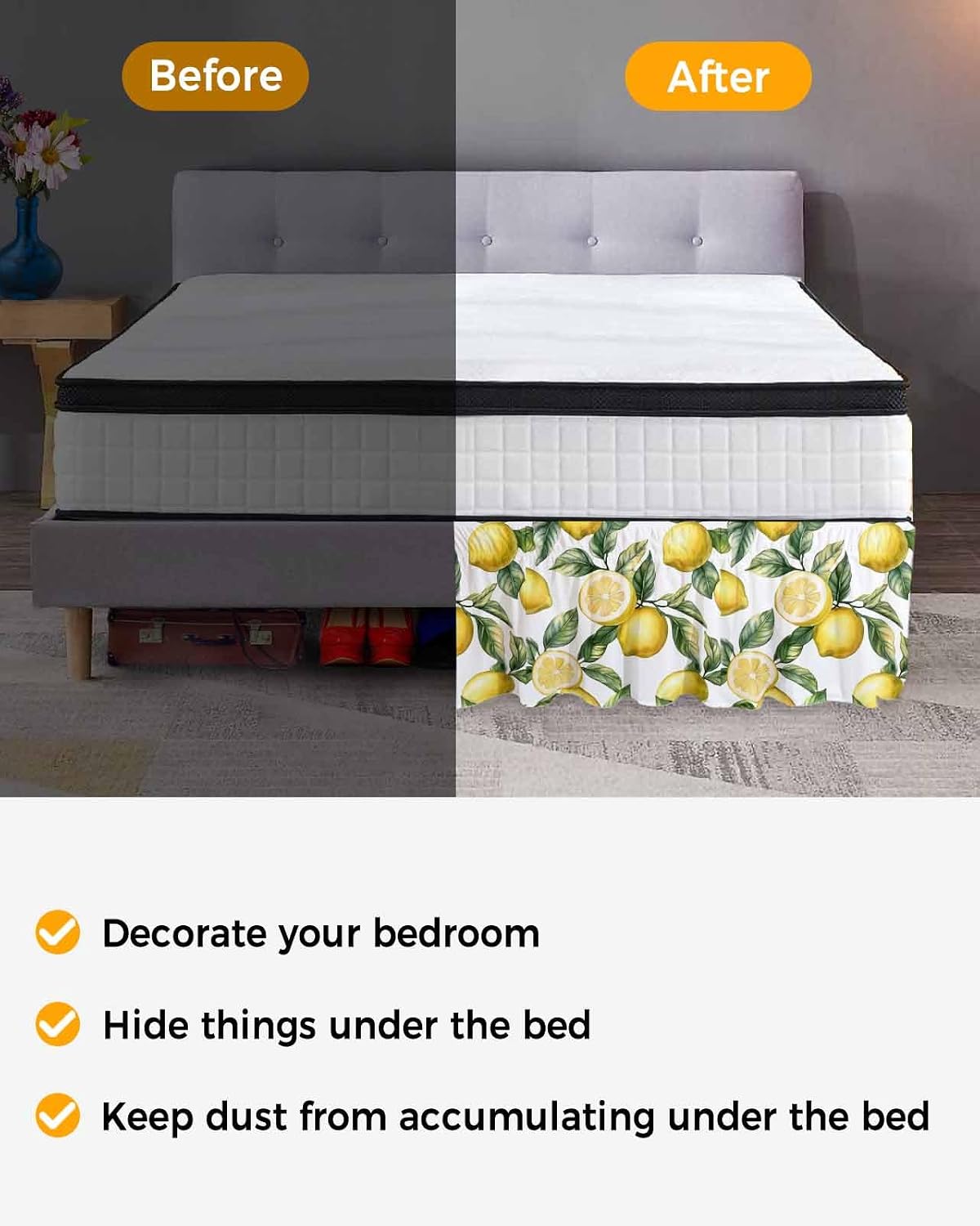 Yellow Lemon Bed Skirt Queen Size 16 Inch Drop, Adjustable Elastic Wrap Around Bed Skirts Easy Fitting Dust Ruffle Bedskirt Bed Frame Cover Watercolor Leaf Floral Green White Modern