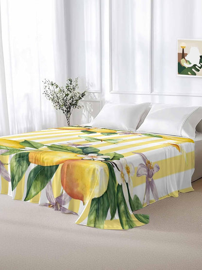 Flat Sheets Queen Size Bedding Sheet,Lemon Fruits Floral Leaves Soft Microfiber Breathable Top Sheets for Bedroom Hotel Luxury-1 Bed Flat Sheet Only,Yellow Stripes