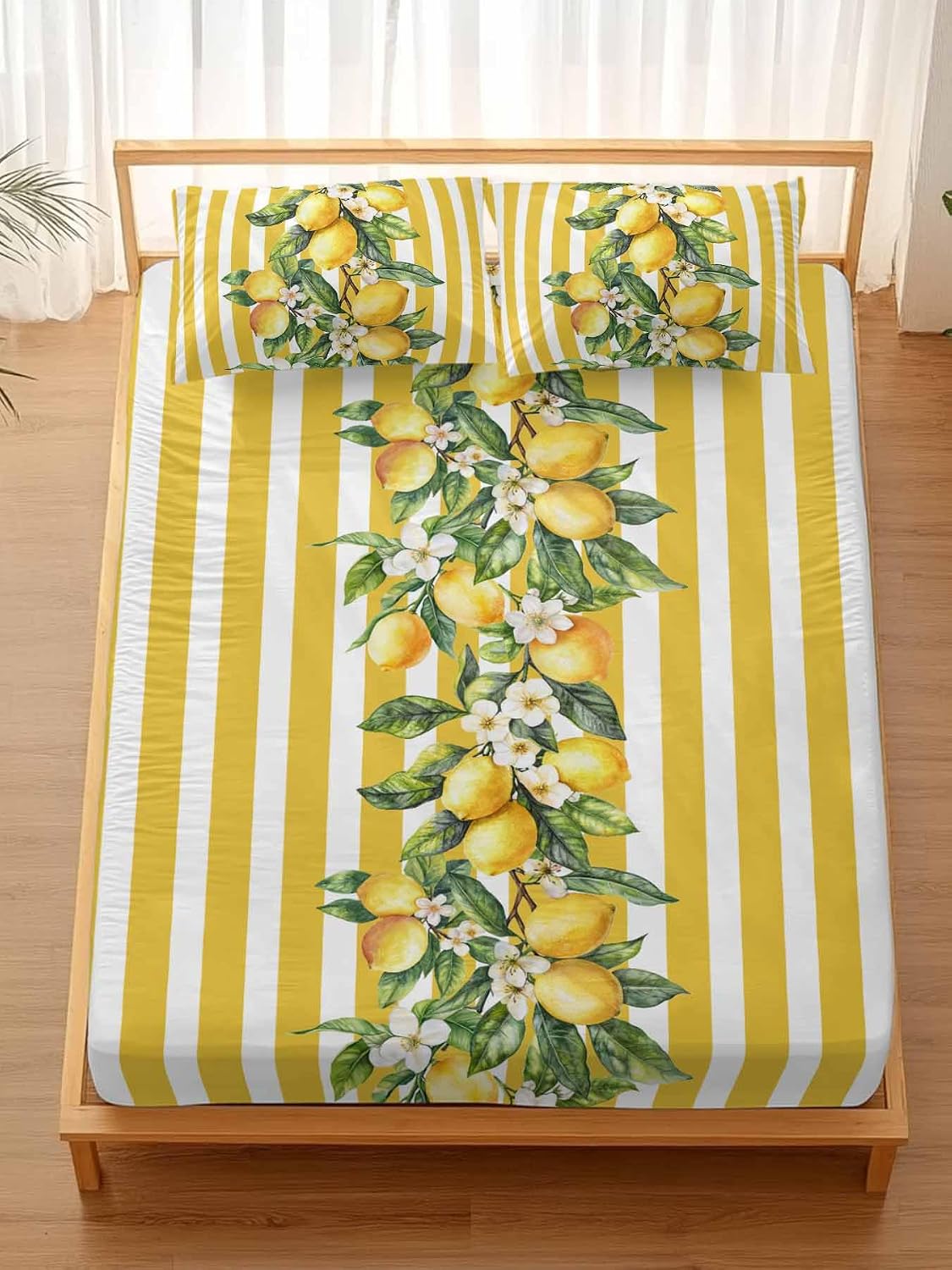 3 Pieces Twin Fitted Sheet Set, Watercolor Summer Farm Lemon Leaves Deep Pocket Up to 16", Yellow Stripe Soft Elastic Bed Sheets and Pillow Cases Secure Fit