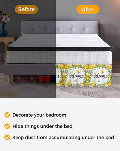 Summer Lemon Bed Skirt Queen Size 16 Inch Drop, Adjustable Elastic Wrap Around Bed Skirts Easy Fitting Dust Ruffle Bedskirt Bed Frame Cover Spring Yellow Fruits Green Leaf Plant