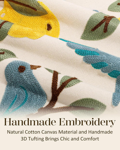 Embroidered Lumbar Pillow Cover 20x12 Inch, Bird Lemon