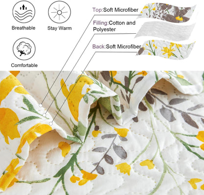 Floral Quilt Sets Full/Queen Size Reversible Countryside Bedspread Coverlets Lightweight Yellow Flower Quilt Green Leaves Bed Covers for All Season,1 Quilt +2 Pillow Shams