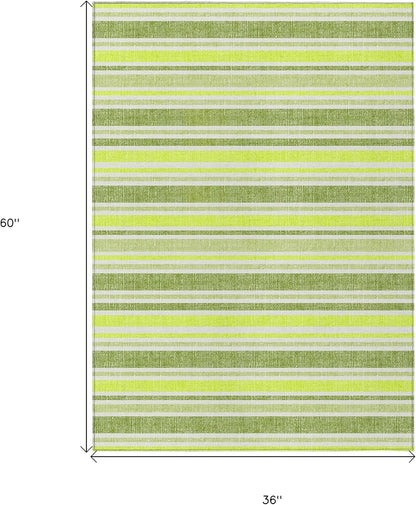 3' X 5' Green and Yellow Striped Washable Non Skid Indoor Outdoor Area Rug