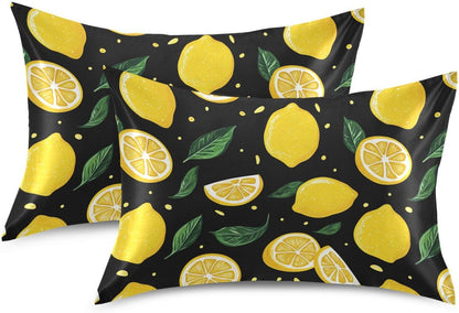Lemons Yellow Satin Pillowcase with Envelope Closure Green Black Standard Size Pillow Case, Silky Pillow Cover for Home Bedroom Sofa 20x26 in