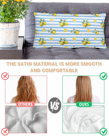 Summer Fruit Satin Pillowcase for Hair and Skin, Yellow Lemon Rustic Flower Blue Stripes Silky Pillow Cases Standard Size with Zipper 1 Pack Soft Cooling Pillow Cover for Women Men, 20''x40''