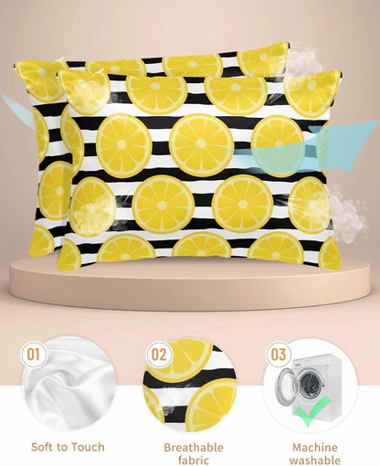 Yellow Lemon Pillow Cases Standard Size Set of 2, Satin Pillowcase for Hair and Skin, Summer Botanical Fruits Black White Stripes Throw Pillow Covers Cooling Pillow Protector with Zipper 20"x26"x2